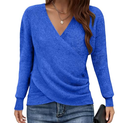 Womens Criss Cross Sweater V Neck Long Sleeve Off Shoulder Pullover Wrap Ruched Knit Casual Fall Winter Jumper Tops Dark Blue