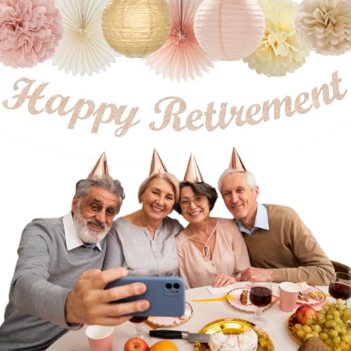 Image of Champagne Gold Beige Happy Retirement Banner Party Decorations Burgleda