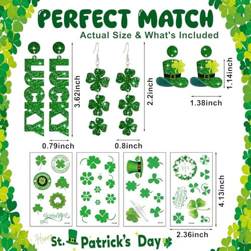 St Patricks Day Earrings & Tattoos for Women, 3 Pairs Irish Earrings + Shamrock Temporary Tattoos for Irish Festival Party Celebration, Green Saint Patricks Day Shirt & Outfits Accessories for Adults - Image 3