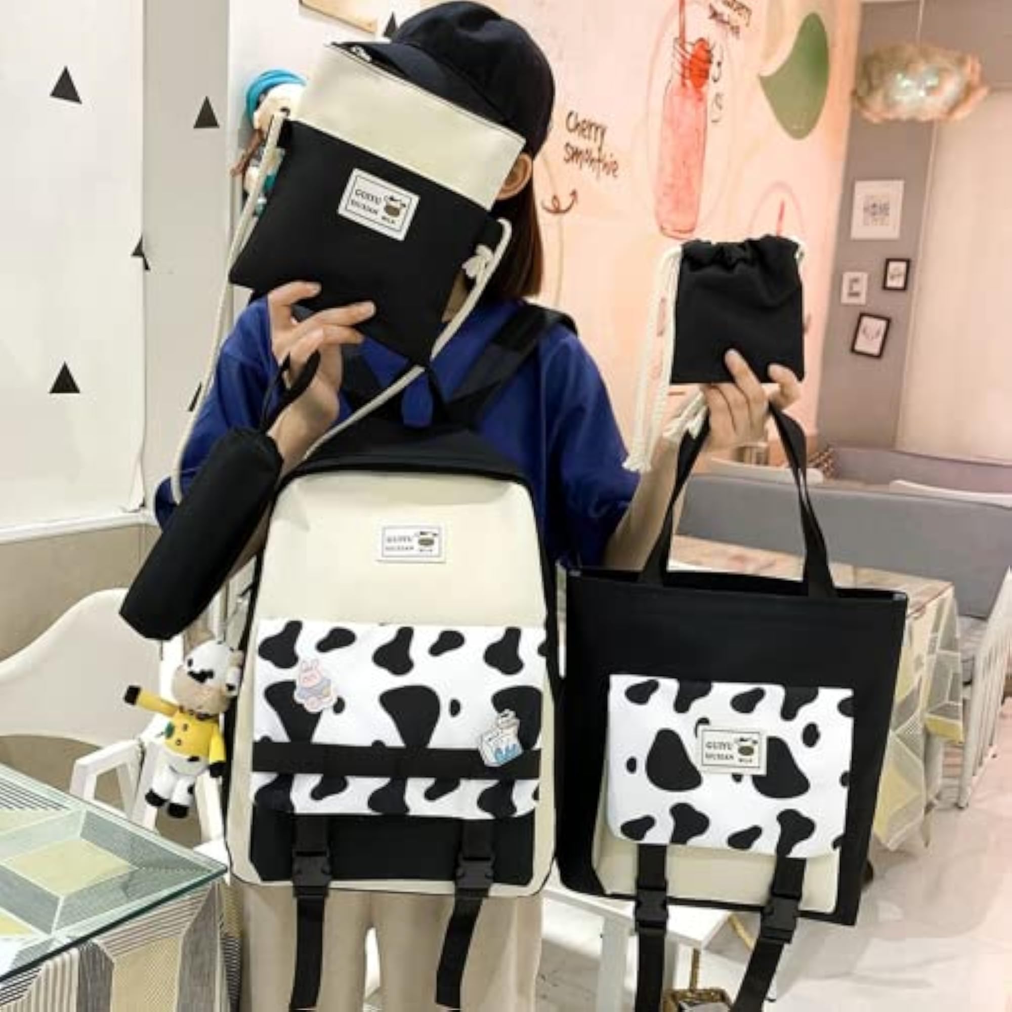 Cow Print 5Pcs Set Backpack with Aesthetic Accessories