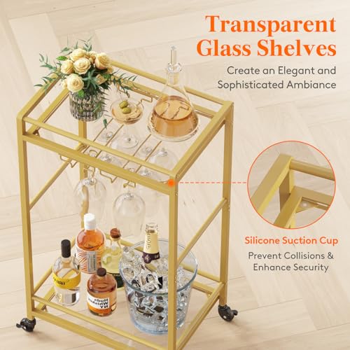 Lifewit Drink Trolley, Bar Cart on Lockable Wheels, Rolling Serving Trolley with 2 Tier Mirrored Shelves, Wine Alcohol Trolley with Glass Holder, Cocktail Beer Trolley for Kitchen Living Room, Gold - Image 4