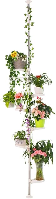 Hershii 7-Layer Tension Pole Plant Stand Indoor Decorative Metal Flower Pot Holder Display Rack Floor to Ceiling Adjustable Hanging Corner Shelf Space Saver - Ivory