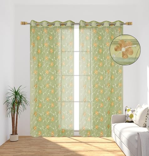 Image of Homefab India Embroidery Floral Net Transparent Sheer Curtain - 5X4 Feet, Window Curtains, Green, Pack of 1 Pc
