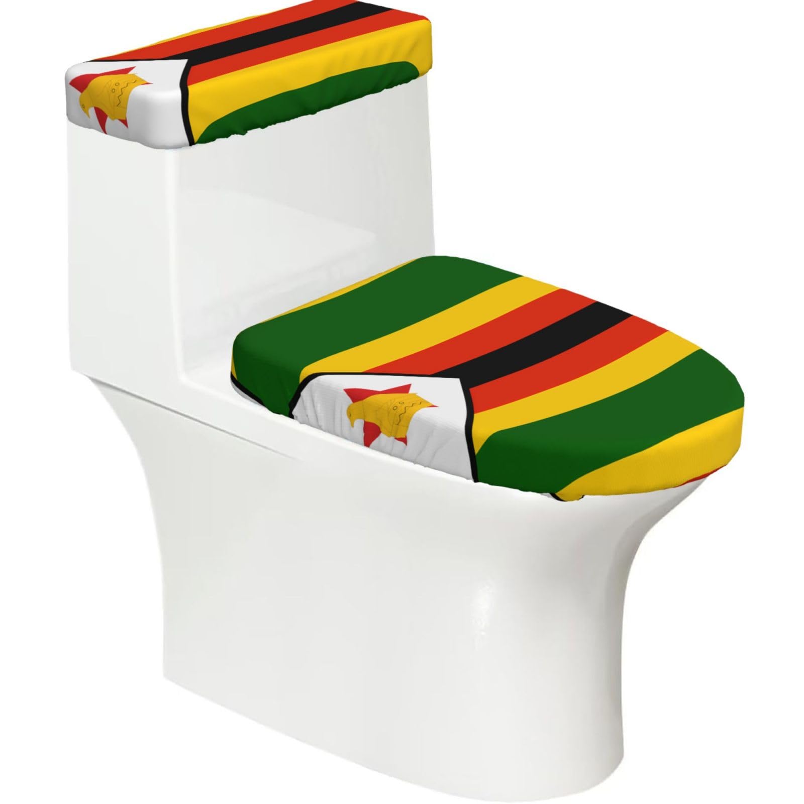 Flag of Zimbabwe Elastic Toilet Cover Set of 2-Stretchy Lid and Tank Covers for Bathroom, Soft Washable U Shape Toilet Decor