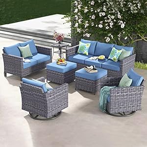 Ovios patio furniture set 7 pieces outdoor wicker rattan sofa couch with swivel rocking chairs loveseat and comfy cushions conversation set for garden backyard deck denim blue  urban country home decor