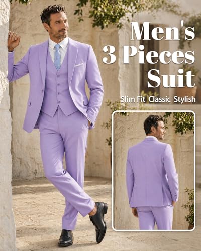 Image of MY'S Men's 3 Piece Suit Set with Tie, One Button Slim Fit Solid Jacket Vest Pants, Prom Party Wedding Business Suits for Men