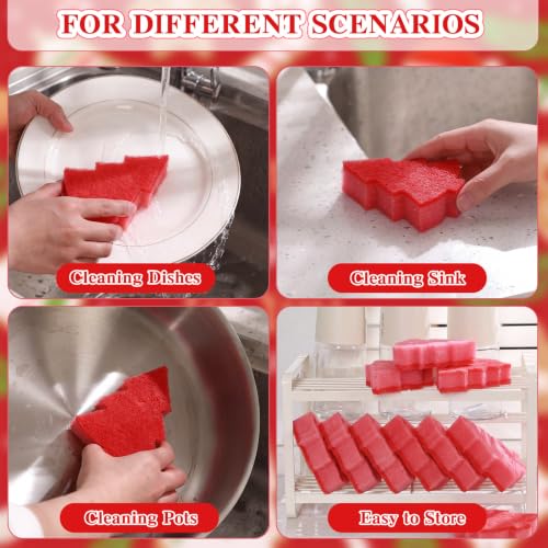 Image of Tioncy 12 Pack Christmas Tree Kitchen Sponges Bulk Red Tree Dual Sided Scrubber Sponges Dishwashing Kitchen Cleaning Accessories for Home Decor Household Supplies