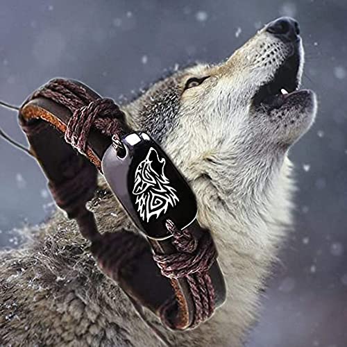 Pulsera ajustable de cuero trenzado con cabeza de lobo unisex miniatura 2