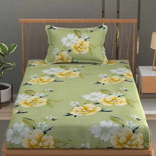 Image of Vram Premium Heavy Cotton Flat Bedsheets with 1 King Size Pillow Covers || Single Bed 350 TC || 60 x 90 Inch Single Size Flat || :- Light Green Flower