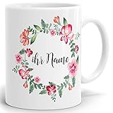 namenstasse bunzlau blau  Drucksaal Namenstasse-Tasse-Becher-Kaffeetasse-mit Name-Namen individuell und persönlich Motiv Bunte Blumen
