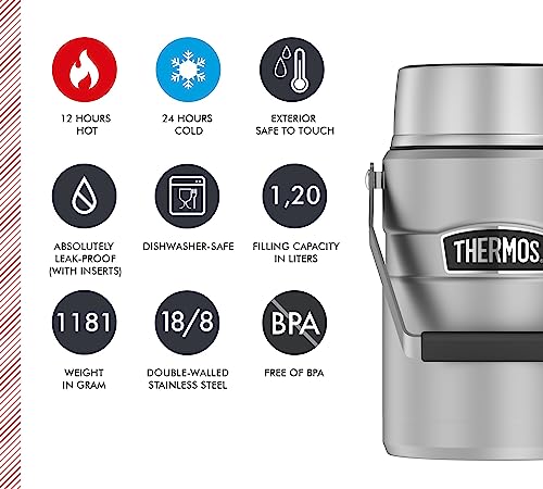 Foto von Thermos Stainless King Thermobehälter für Essen Silber 1,20l - Edelstahl, absolut dicht, hält Speisen 12h heiß & 24h kalt, mit 2 Allrounder-Einsätzen, BPA-frei