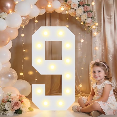 Image of Pooqla 2.4FT Light Up Numbers, Marquee Numbers 2.4 Feet Tall Party Decor for Her Him, Mosaic Big Sign for 9th 19th 90th Birthday Anniversary Decoration Backdrop, Large Pre-Cut Frame Number 9