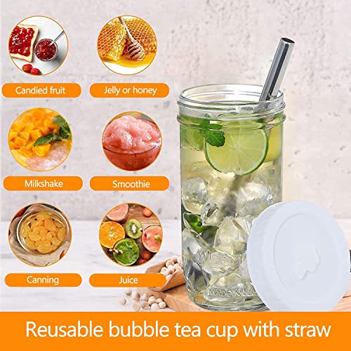 4 Pack Glass Bubble Tea Cups - 24Oz Mason Jar With Lid And Straw, Clean Brush, Reusable Wide Mouth Glass Smoothie Cups, Boba Cup, Iced Coffee Cup, Travel Glass Drinking Bottle Mason Jar #TOP4