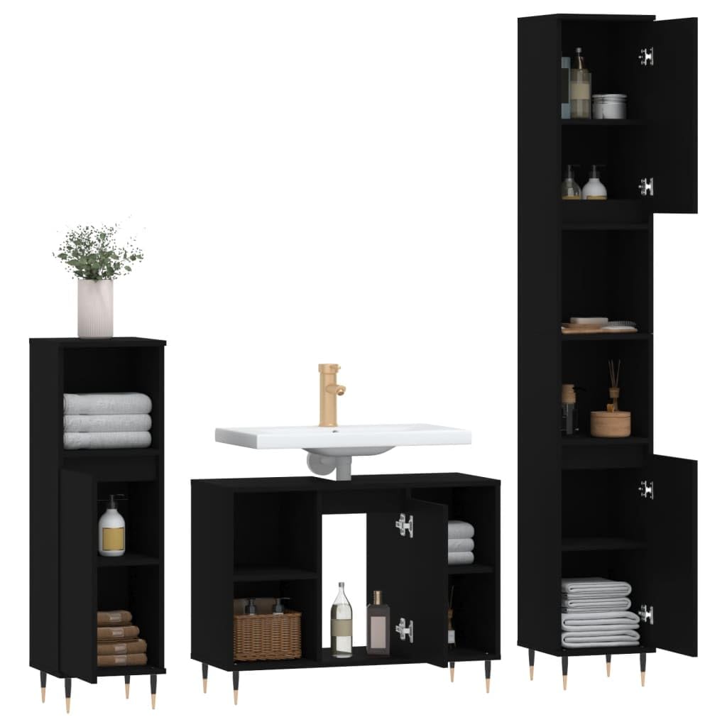 Möbelsets 3-teilig Badmöbel-Set schwarz Holzwerkstoff Badmöbel-Sets