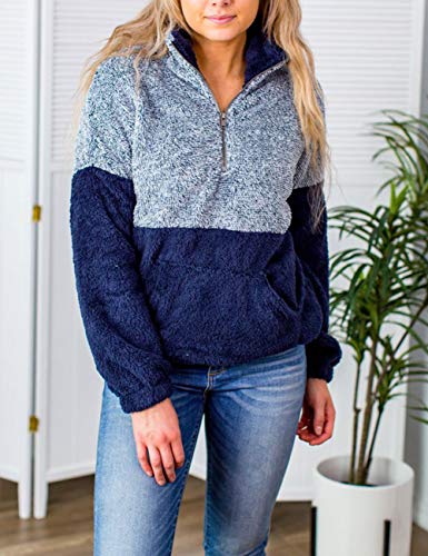 MEROKEETY Women's Long Sleeve Contrast Color Zipper Sherpa Pile Pullover Tops Fleece with Pocket