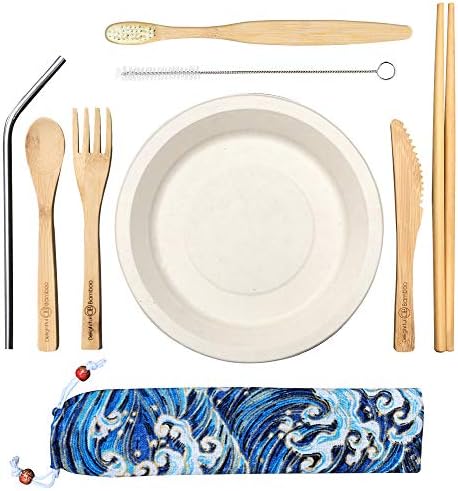 Bamboo Utensils by Delightful Bamboo | Hygienic Tableware | Reusable 9 Piece Cutlery Flatware Set Includes Bamboo Fork, Knife, Spoon, Chopsticks & 2 Plates with Stainless-Steel Straw and Toothbrush