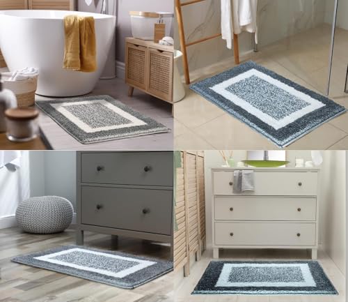 Image of GAVI Home Decor Bath Mat for Bathroom, Anti-Slip Bath mat & Door Mat for Bathroom, Bedroom, Kitchen (60 x 40 CM) (Grey Mar White Border)