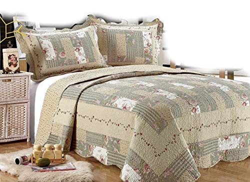 ALL FOR YOU 3-Piece Reversible Bedspread/Coverlet/Quilt Set-Beige, tan, Pink, Burgundy and Gray Green