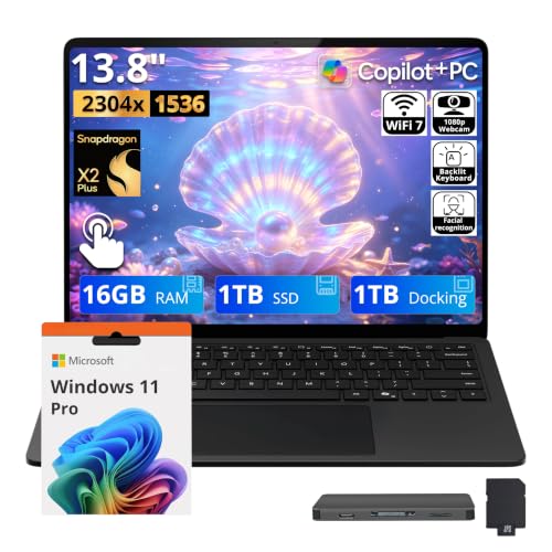 Image of Microsoft Surface 13.8 inch 2K Touchscreen Copilot+ PC Laptop, Snapdragon X2P-64-100, 16GB LPDDR5X, 2TB Storage (1TB SSD+1TB Docking Station), Qualcomm Adreno, Backlit Keyboard, Win 11 Pro, Black