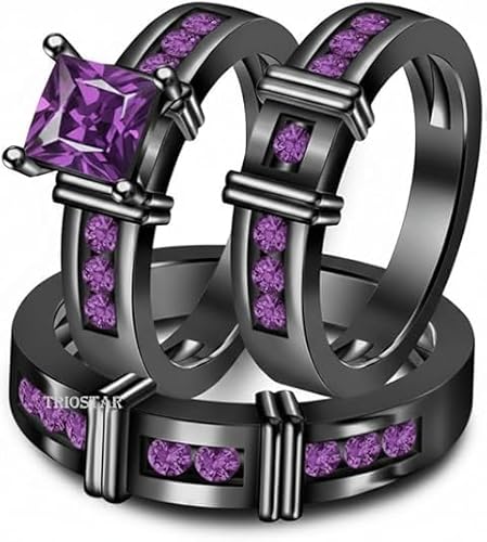 3-Piece Black Gold Plated 925 Silver Trio Wedding Ring Set for Couples - Princess Cut Purple Amethyst Engagement Ring & Matching Bands for Him and Her (4.5)
