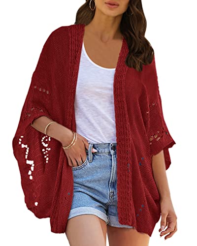 Image of Ermonn Crochet Cardigan Sweaters for Women Open Front Kimono Batwing Sleeve Plain Casual Lightweight Outerwear