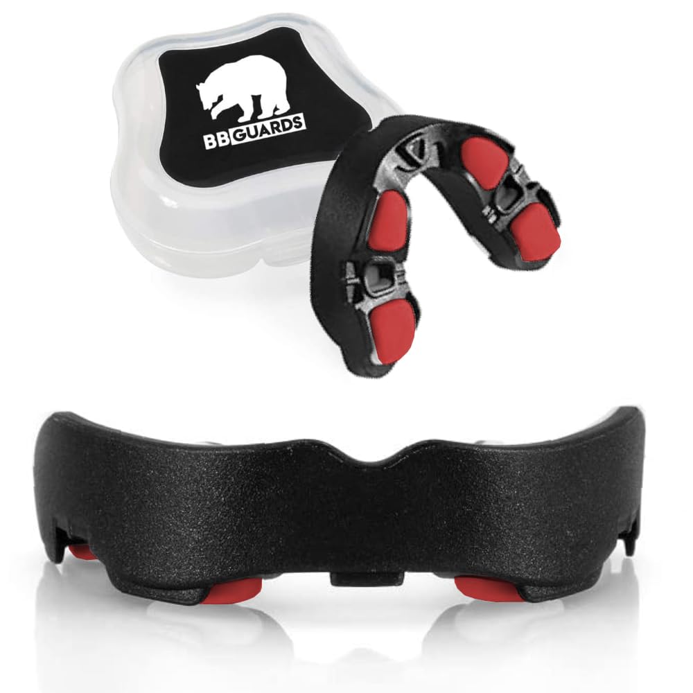 BBGuards Protector Bucal Boxeo, Rugby, Hockey, Kick Boxing. Protección Dental Adultos para Hombre y Mujer. Protecciones Bocales para Dientes Muay Thai, Futbol, Karate, Taekwondo, MMA (Rojo-Blanco)