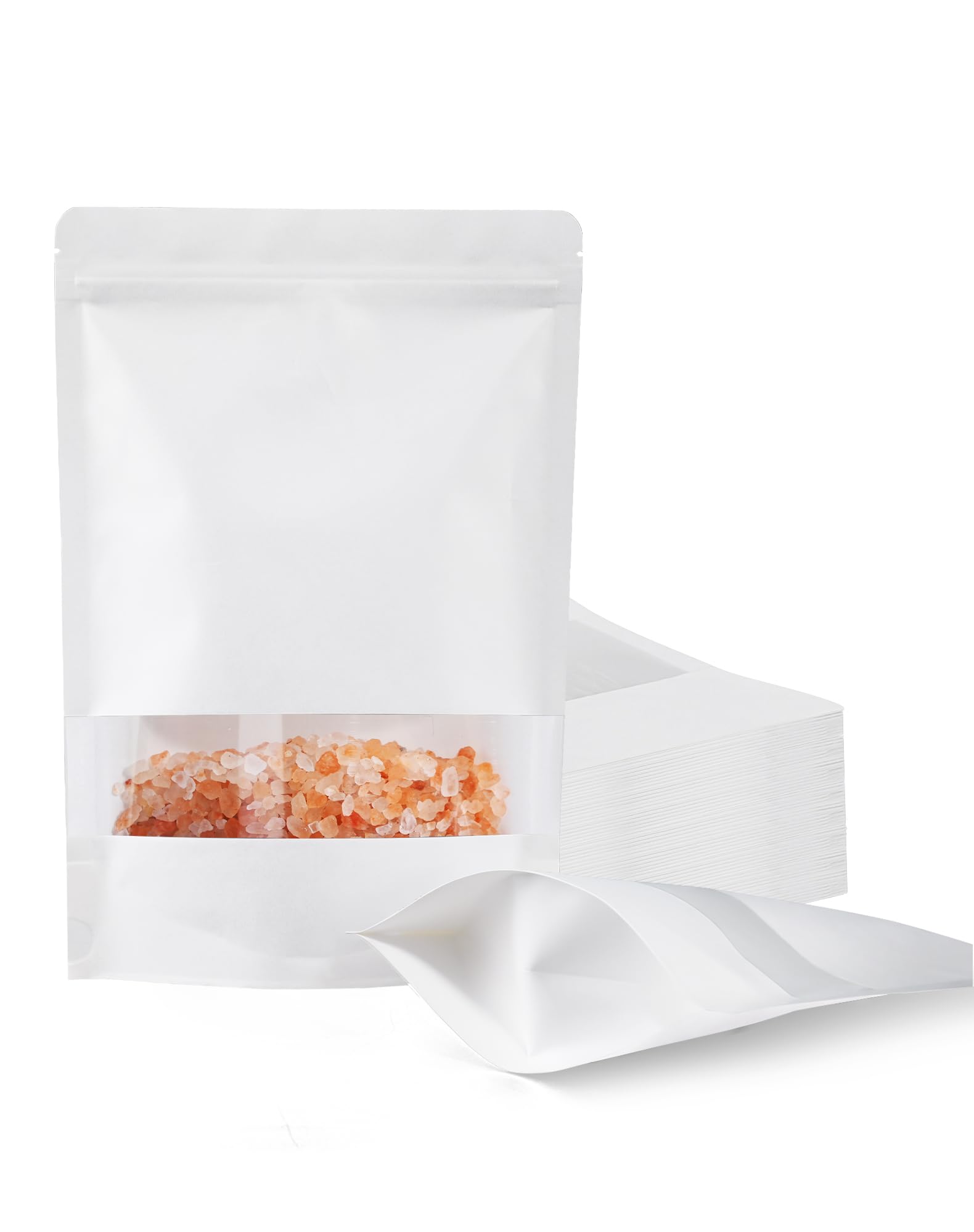 100 bolsas de papel kraft blanco con ventana, bolsas de pie, bolsas de almacenamiento de alimentos con cierre de cremallera para productos de embalaje, reutilizables, sellables (6.3 x 8.6 pulgadas)