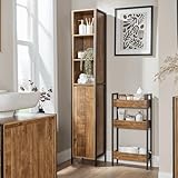 Home Source Tall Bathroom Storage Cabinet – Slim Oak-Style Tallboy with Black Metal Frame – Narrow Bathroom Unit with Shelves & Cupboard