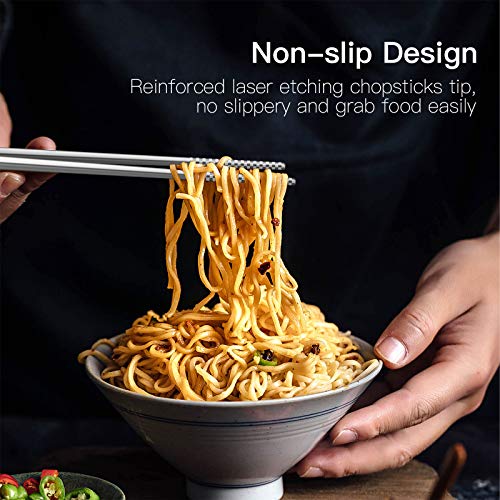 Metal Chopsticks Reusable 18/8 Stainless Steel Chopsticks Multipack Dishwasher Safe Chop Sticks Cute Laser Engraved Non-Slip Japanese Korean Chopstick For Cooking Eating 9 1/4 Inches 5 Pairs Gift Set #TOP3
