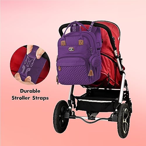 Image of Dikaslon Diaper Bag Backpack with Portable Changing Pad, Pacifier Case and Stroller Straps, Large Unisex Baby Bags for Boys Girls, Multipurpose Travel Back Pack Moms Dads, Purple