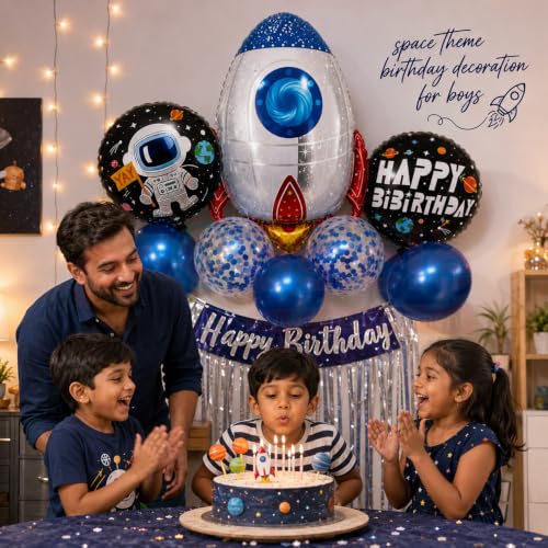 Image of Propsicle Happy Birthday Party Helium Foil Balloon Birthday Decoration (Astronaut (Blue & White), Pack of 9)
