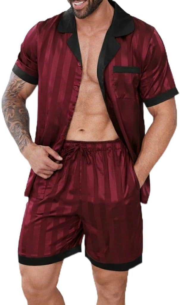 DEARCASE Men's Pajamas Set - Satin Silk Sleepwear, Short Sleeve Button Down 2 Piece Loungewear, Soft & Cooling Pjs for Men