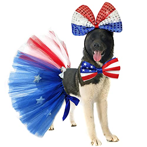 4Th July Pet Costume 3Pcs Usa Independence Day Costume Accessories American Flag Bowtie Collar Headband Mesh Tutu Skirt Patriotic Outfit For Medium Dogs Puppy (Red Blue White, Shiny Bowtie) #TOP20