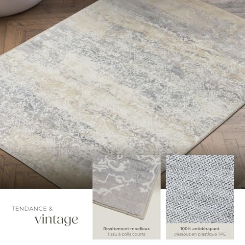 Tapis design vintage à poils courts en laine synthétique et feutre résistant et lavable - vue 5