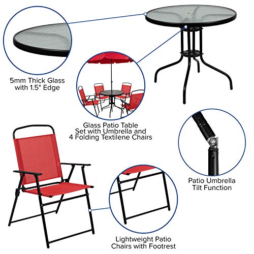 Image of Flash Furniture Nantucket 6 Piece Red Patio Garden Set with Table, Umbrella and 4 Folding Chairs