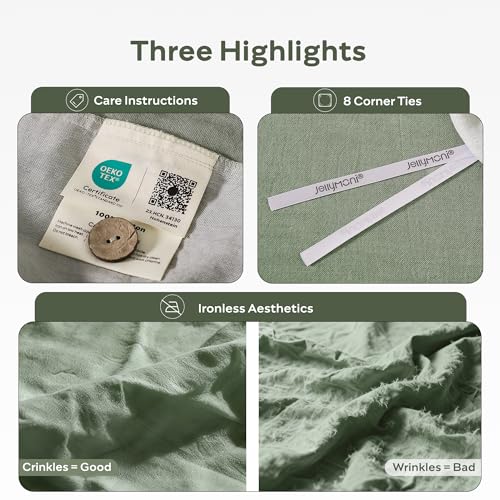 Image of JELLYMONI Cotton Duvet Cover Twin Size - Sage Green Comforter Cover with Button 100% Washed Cotton 2PCS Breathable Soft Solid Bedding Set Duvet Cover 68x90in & 1 Pillowcases (NO Comforter)
