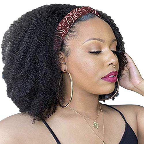 Curly Wig with Headband Wig Curly Black Wig Curly Hair Wigs Shoulder Length Synthetic Heat Resistant Wigs Curly Headband Wigs for Black Women (14Inch,Black)