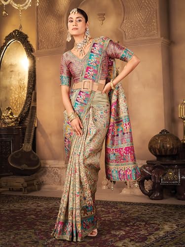 Image of Glory Sarees Women's Luxurious Dola Pure Silk Original Saree Position Print Work Madhubani Inspired Motifs Banarasi Kanjivaram Style Saree With Blouse Piece (Elegant101 Parent)