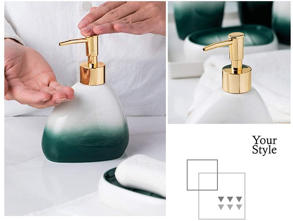 Dispenser Sapone Set Di Accessori for Il Bagno Verde Sfumato for Da 5 Pezzi Dispenser Sapone 450 Ml / 15,2 Once Bottiglia Con Pompa for Lozione In Ceramica Retrò Per Bagno Cucina(5 Piece Set)