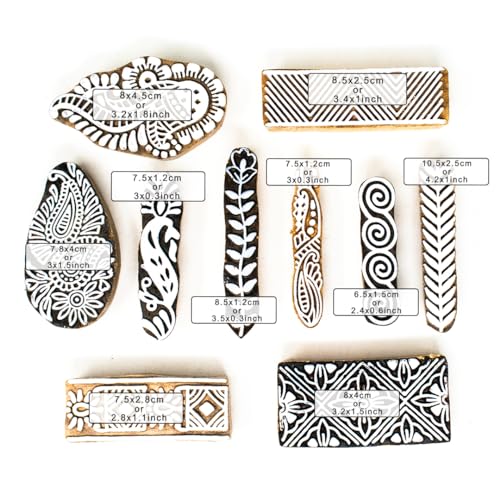 Image of Wooden Stamp Block, Printing Stamp Design Set | Block for Printing Saree Border | Dresses, Craft Card Making, Scrapbook, Clay Pottery | Set of 10