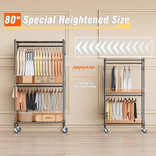 Image of Homdox Heavy Duty Clothing Rack with 3 Tier Adjustable Wire Shelves, Garment Racks for Hanging Clothes, Double Rods Clothing Rack, Freestanding Closet Wardrobe with Side Hooks, Black