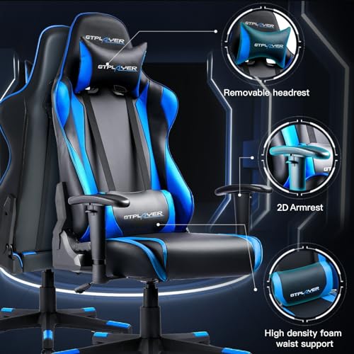 GTPLAYER Silla Gaming Escritorio Oficina Cuero Ordenador Gamer Silla Asiento Engrosado Ergonomica con Cojín Reposabrazos 2D Ajustables Respaldo Reclinable (Negro-Azúl)