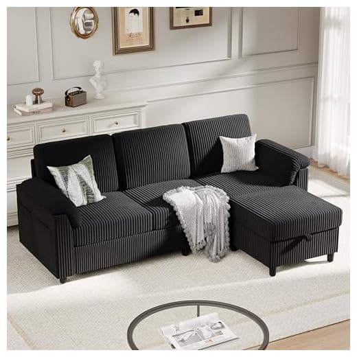 Compact 3-Seat Black Sectional Sofa with Ottoman