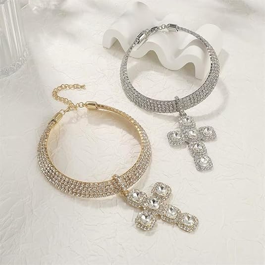 Cross Rhinestones Choker Necklaces for Women Sparkly 4 Row Diamond Tennis Necklace Statement Fashion Crystal Crucifix Pendant Chain Luxury Bridal Wedding Party Prom Jewelry3