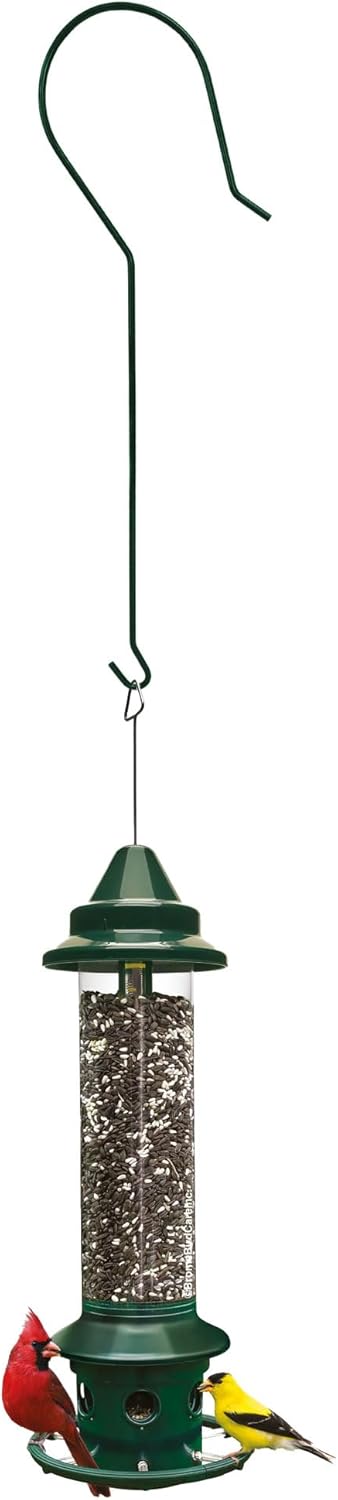 SquirrelBuster Plus Squirrel Proof Bird Feeder with Hanger, Weight-Activated Anti-Squirrel Design, 3 Quart Clear Seed Reservoir, Cardinal Perch Ring, Green Finish
