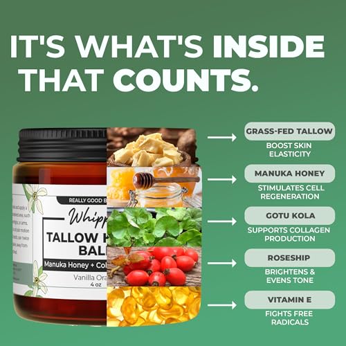 Really Good Blends Whipped Tallow Balm with Manuka Honey – 4 oz | Collagen-Boosting Body Butter | Beef Tallow for Skin | Face & Body Moisturizer | Made in USA (Vanilla Orange)