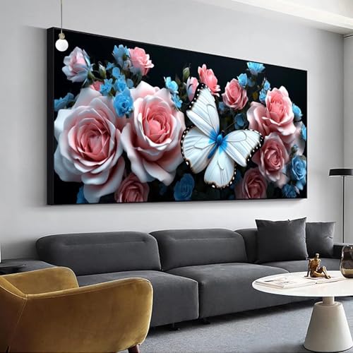 Diamond painting rose et papillon 30x60cm DIY pour adulte