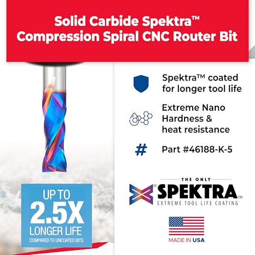 Image of Amana Tool Spektra Extreme Tool Life Solid Carbide CNC Compression Spiral Router Bit, 46188-K-5 5-Pack, 1 /2 D x 1-1 /4 CH x 1 /2 Shk x 3 Inch L 2 Flute