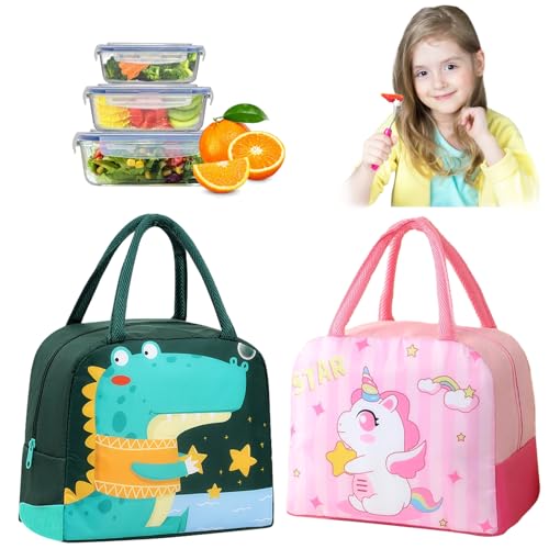 BSITSSS 2 Piezas Bolsa Térmica Infantil Porta Alimentos, Bolsas de Almuerzo Reutilizables, Bolsa Nevera Pequeña Termica con Dinosaurio y Unicornio para Niños y Niñas, 23x13x19cm y 22.5x11.5x19cm