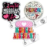 3PC Medical Assistant Badge Reel Cute Glittery Bandage Stethoscope Syringe Pill MA CMA RMA Work Clinic ID Name...